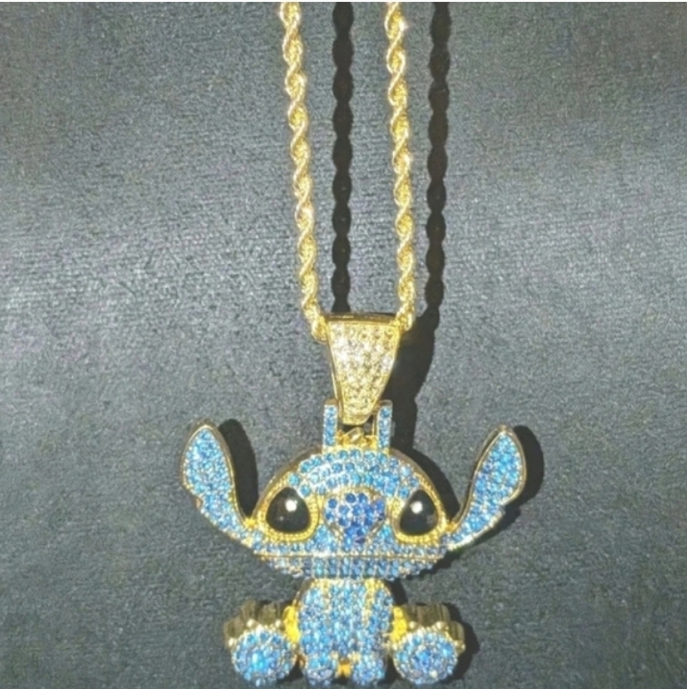 Stitch Character Rhinestone Pendant Goldtone Bling Hip Hop Necklace